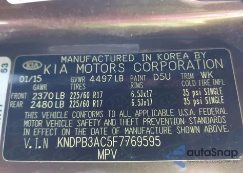 2015 Kia Sportage Lx из США, поврежденный, VIN KNDPB3AC5F7769595